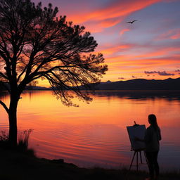 A tranquil natural landscape at sunset, featuring a serene lake reflecting the vibrant colors of the sky in orange, pink, and purple hues