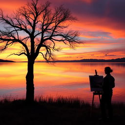 A tranquil natural landscape at sunset, featuring a serene lake reflecting the vibrant colors of the sky in orange, pink, and purple hues