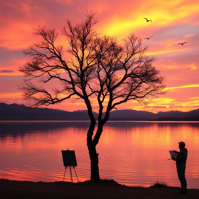 A tranquil natural landscape at sunset, featuring a serene lake reflecting the vibrant colors of the sky in orange, pink, and purple hues