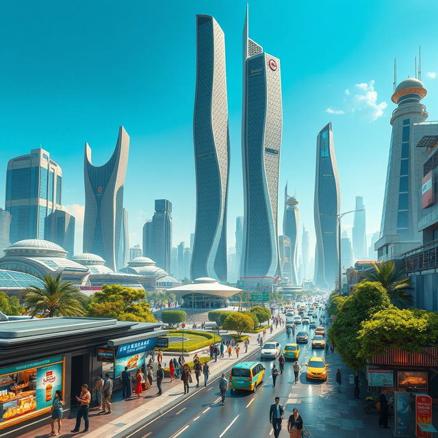 A futuristic cityscape in Iran, featuring advanced architecture that blends traditional Persian elements with modern technology