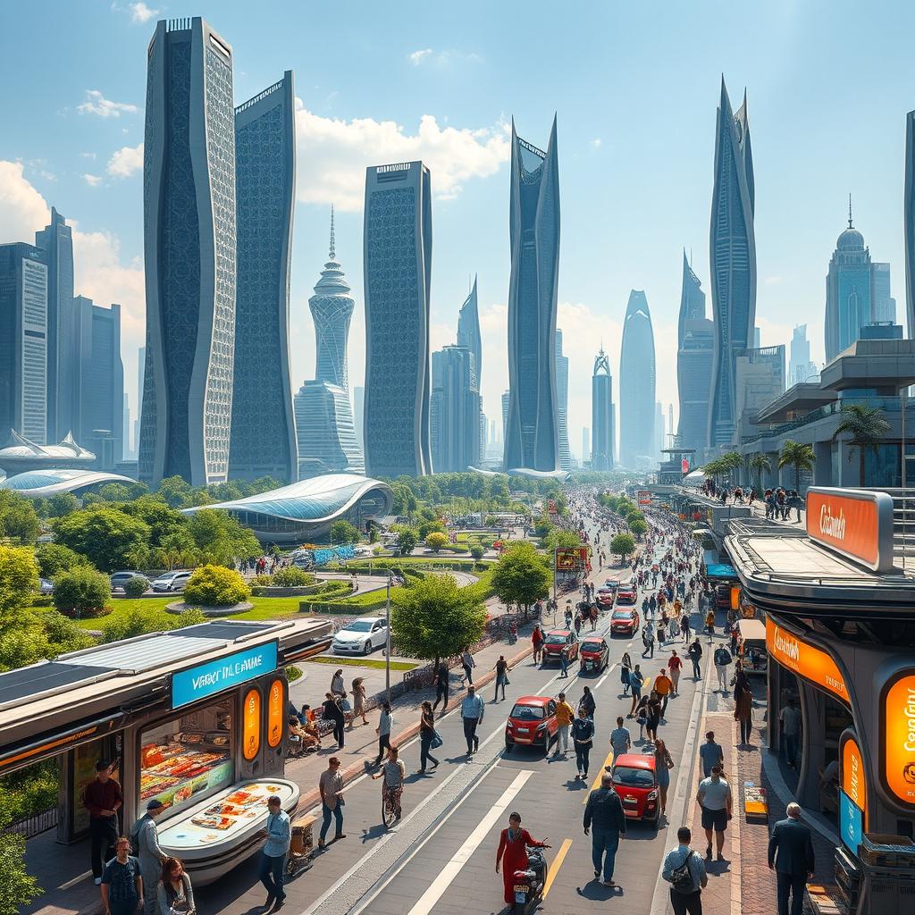 A futuristic cityscape in Iran, featuring advanced architecture that blends traditional Persian elements with modern technology