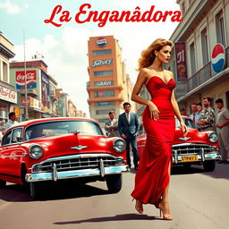 A stunning and elegant woman with a beautiful figure, dressed in a glamorous red gown and high heels, strolls confidently through the vibrant streets of 1950s Havana