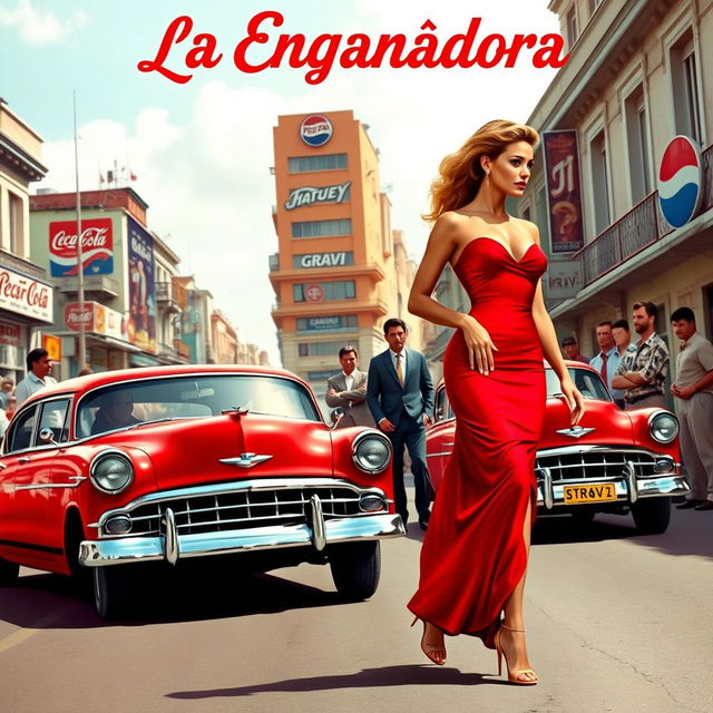 A stunning and elegant woman with a beautiful figure, dressed in a glamorous red gown and high heels, strolls confidently through the vibrant streets of 1950s Havana