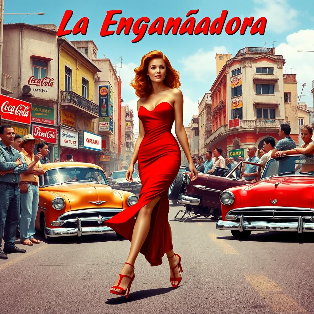 A stunning and elegant woman with a beautiful figure, dressed in a glamorous red gown and high heels, strolls confidently through the vibrant streets of 1950s Havana