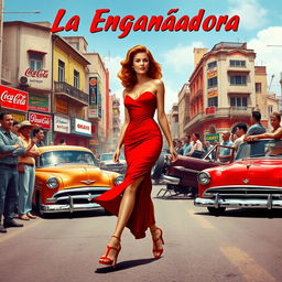 A stunning and elegant woman with a beautiful figure, dressed in a glamorous red gown and high heels, strolls confidently through the vibrant streets of 1950s Havana