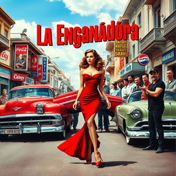 A stunning and elegant woman with a beautiful figure, dressed in a glamorous red gown and high heels, strolls confidently through the vibrant streets of 1950s Havana