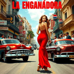 A stunning and elegant woman with a beautiful figure, dressed in a glamorous red gown and high heels, strolls confidently through the vibrant streets of 1950s Havana