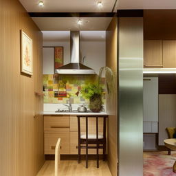 Cosy and compact interior design for a 1 BHK flat in Mumbai, showcasing an efficient space utilization with modern furniture, earthy color tones, and vibrant accents reflective of the local culture.