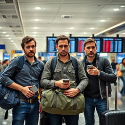 Three men at an airport, visibly anxious and fearful