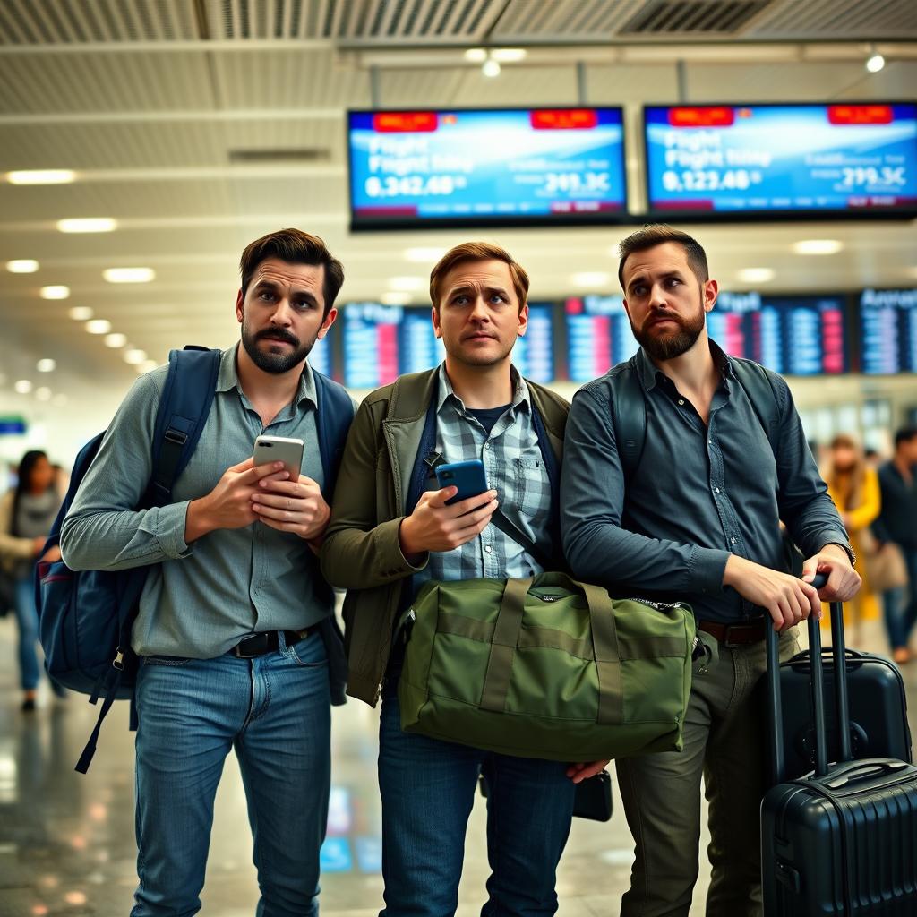 Three men at an airport, visibly anxious and fearful