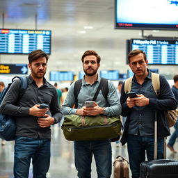 Three men at an airport, visibly anxious and fearful