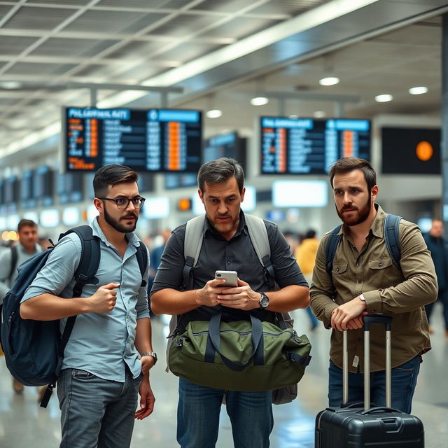 Three men at an airport, visibly anxious and fearful