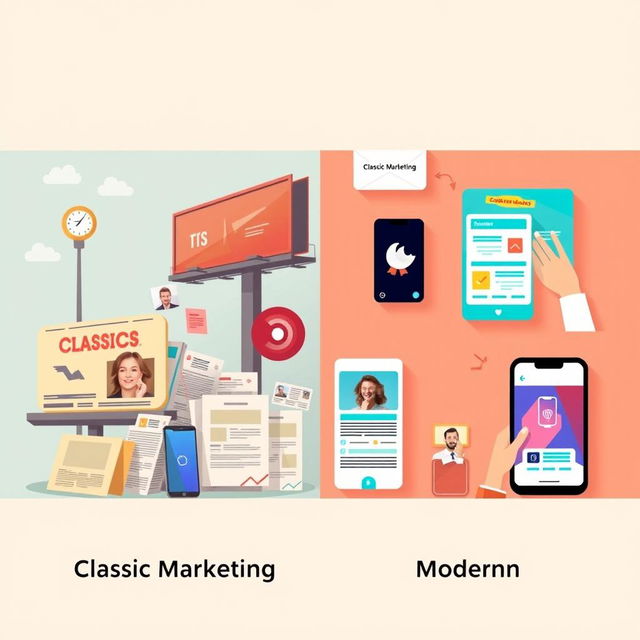 A horizontal split image illustrating the differences between classic and modern marketing