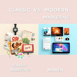 A horizontal split image illustrating the differences between classic and modern marketing