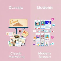 A horizontal split image illustrating the differences between classic and modern marketing