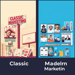 A horizontal split image illustrating the differences between classic and modern marketing