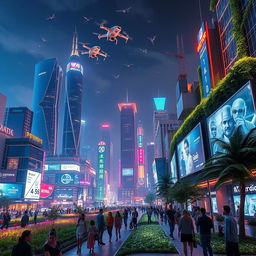 A futuristic cityscape in the year 2085, showcasing advanced technology and architecture