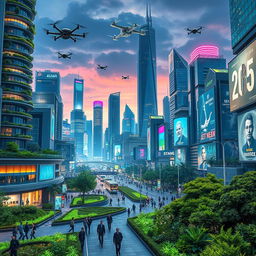 A futuristic cityscape in the year 2085, showcasing advanced technology and architecture