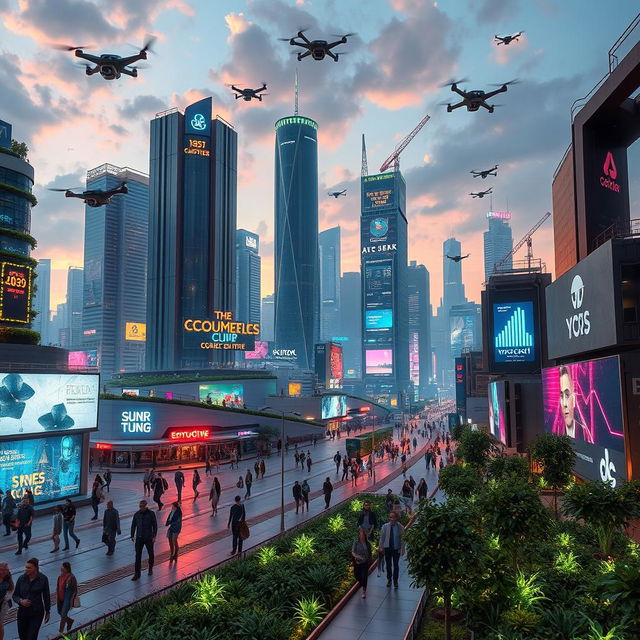 A futuristic cityscape in the year 2085, showcasing advanced technology and architecture