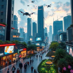 A futuristic cityscape in the year 2085, showcasing advanced technology and architecture