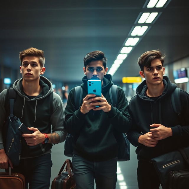 Three young men at an airport, looking afraid and anxious while carrying travel bags