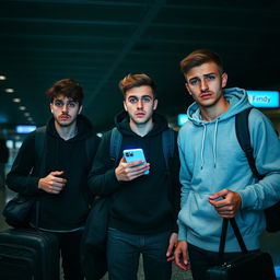 Three young men at an airport, looking afraid and anxious while carrying travel bags