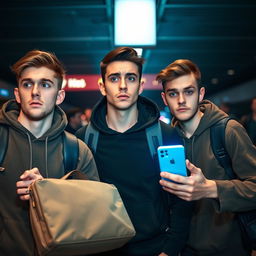 Three young men at an airport, looking afraid and anxious while carrying travel bags