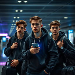 Three young men at an airport, looking afraid and anxious while carrying travel bags