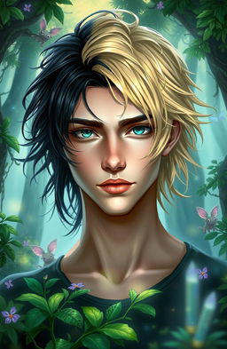 A stunning 21-year-old male, half of his face displaying flowing blonde hair and piercing green eyes, while the other half showcases jet-black hair and dark eyes