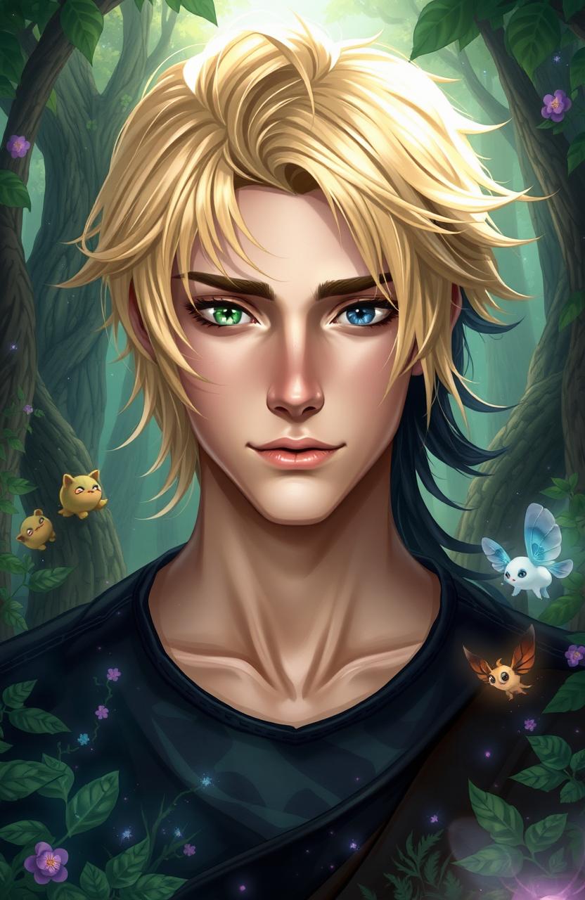 A stunning 21-year-old male, half of his face displaying flowing blonde hair and piercing green eyes, while the other half showcases jet-black hair and dark eyes