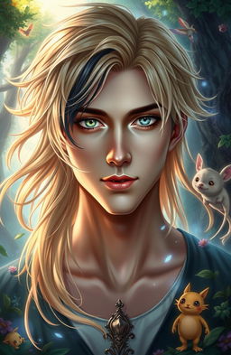 A stunning 21-year-old male, half of his face displaying flowing blonde hair and piercing green eyes, while the other half showcases jet-black hair and dark eyes