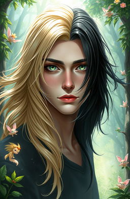 A stunning 21-year-old male, half of his face displaying flowing blonde hair and piercing green eyes, while the other half showcases jet-black hair and dark eyes