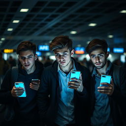 Three young men at an airport, filled with a sense of fear and apprehension