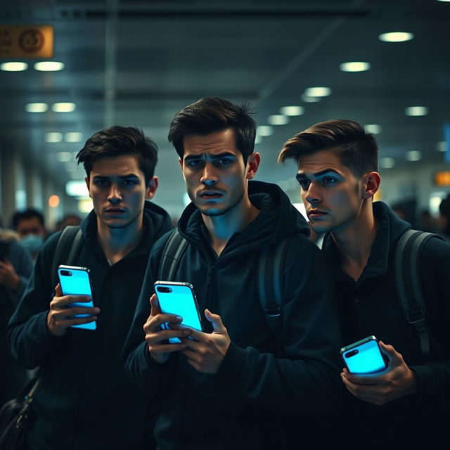 Three young men at an airport, filled with a sense of fear and apprehension