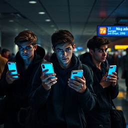 Three young men at an airport, filled with a sense of fear and apprehension