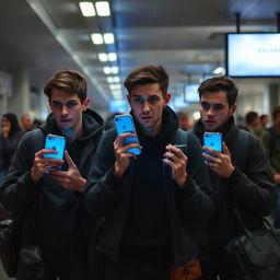 Three young men at an airport, filled with a sense of fear and apprehension