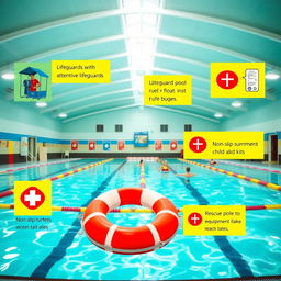 A vibrant indoor swimming pool highlighting various safety measures