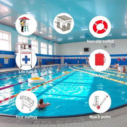 A vibrant indoor swimming pool highlighting various safety measures