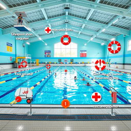 A vibrant indoor swimming pool highlighting various safety measures