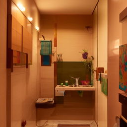 Cosy and compact interior design for a 1 BHK flat in Mumbai, showcasing an efficient space utilization with modern furniture, earthy color tones, and vibrant accents reflective of the local culture.