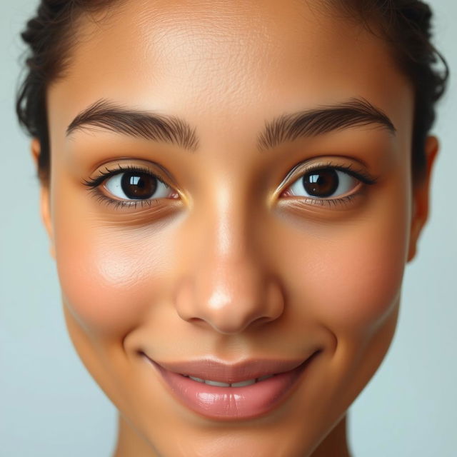 A portrait of a person with symmetrical features, where the left eye is adjusted to match the size of the right eye