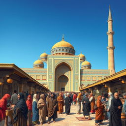 A rich and detailed illustration depicting the Safavid period in Iran, showcasing the grandeur of Persian architecture with intricate tile work and majestic domes