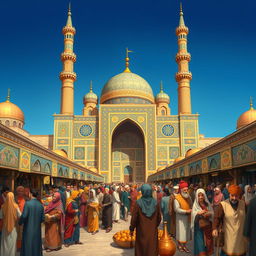 A rich and detailed illustration depicting the Safavid period in Iran, showcasing the grandeur of Persian architecture with intricate tile work and majestic domes