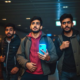 Three young Egyptian men at an airport, looking afraid and anxious while carrying travel bags