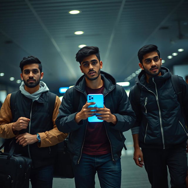 Three young Egyptian men at an airport, looking afraid and anxious while carrying travel bags