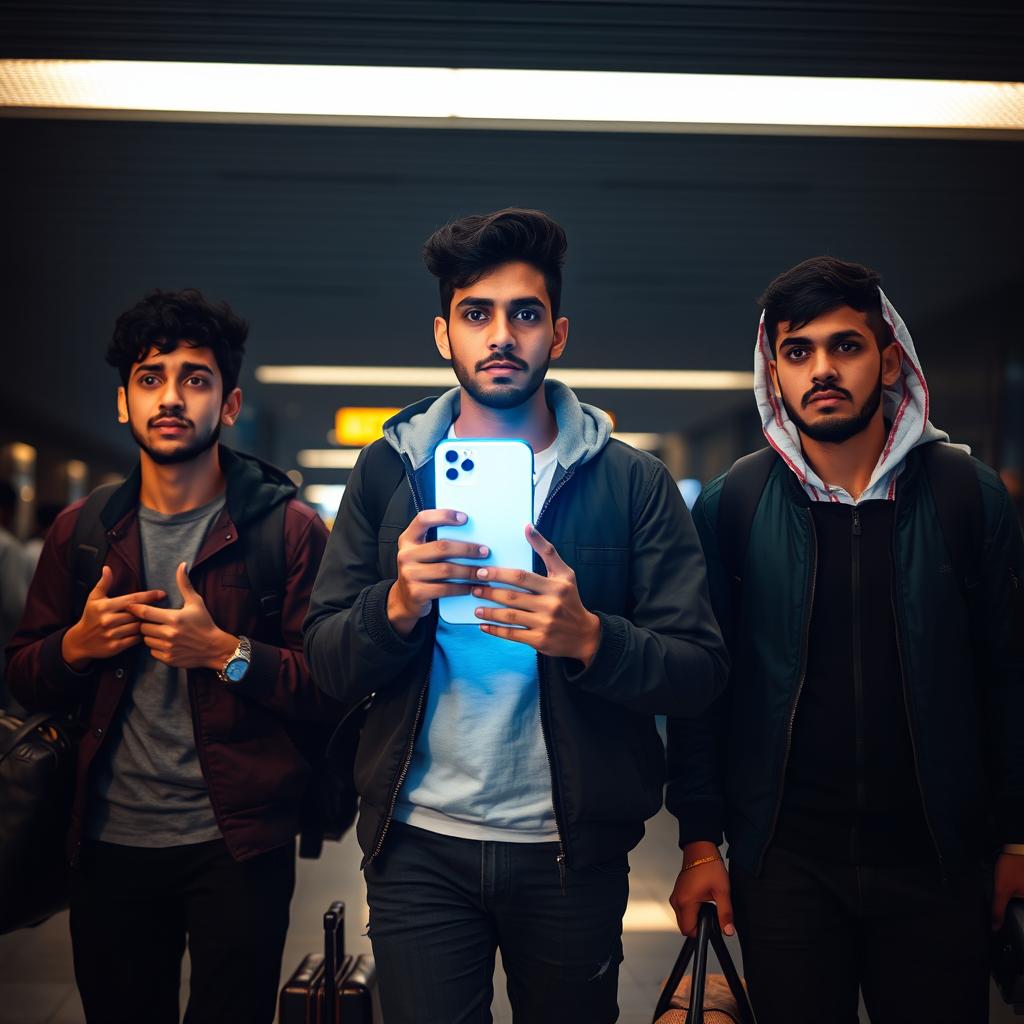 Three young Egyptian men at an airport, looking afraid and anxious while carrying travel bags