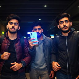 Three young Egyptian men at an airport, looking afraid and anxious while carrying travel bags