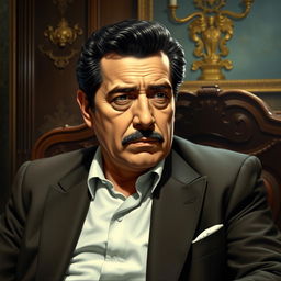 A portrait of Pablo Escobar, the infamous Colombian drug lord, depicted in a realistic style