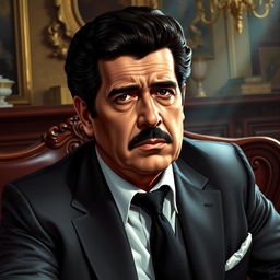 A portrait of Pablo Escobar, the infamous Colombian drug lord, depicted in a realistic style