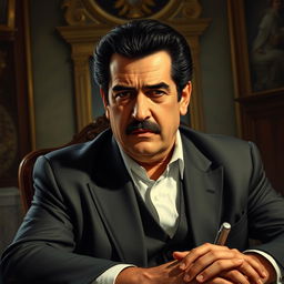 A portrait of Pablo Escobar, the infamous Colombian drug lord, depicted in a realistic style
